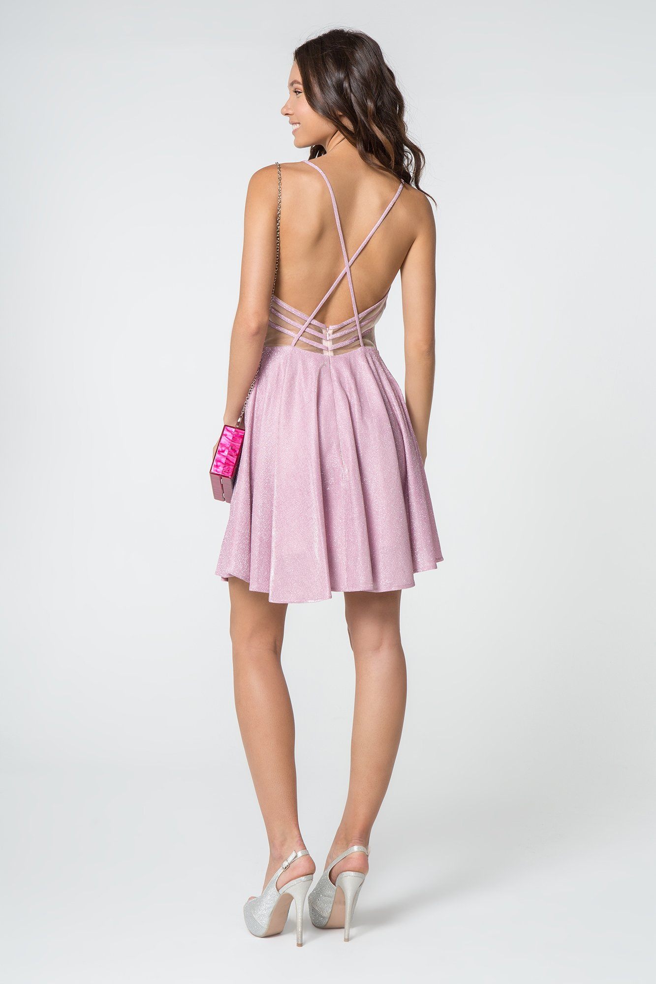 Short Metallic Dress with Illusion V-Neckline by Elizabeth K GS2839 - product image 3