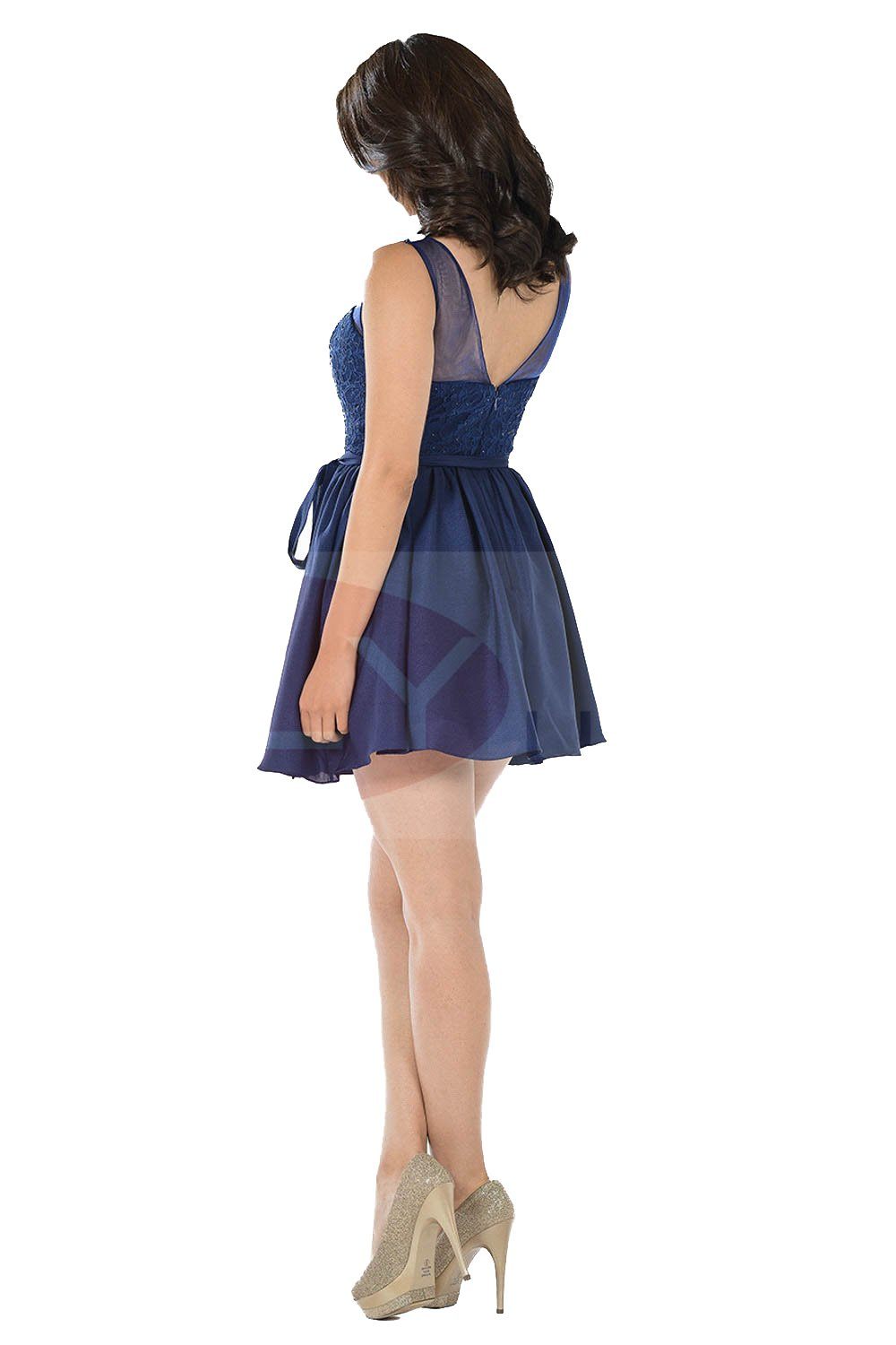 Short Navy Blue Dress with Illusion Lace Bodice by Poly USA - product image 2