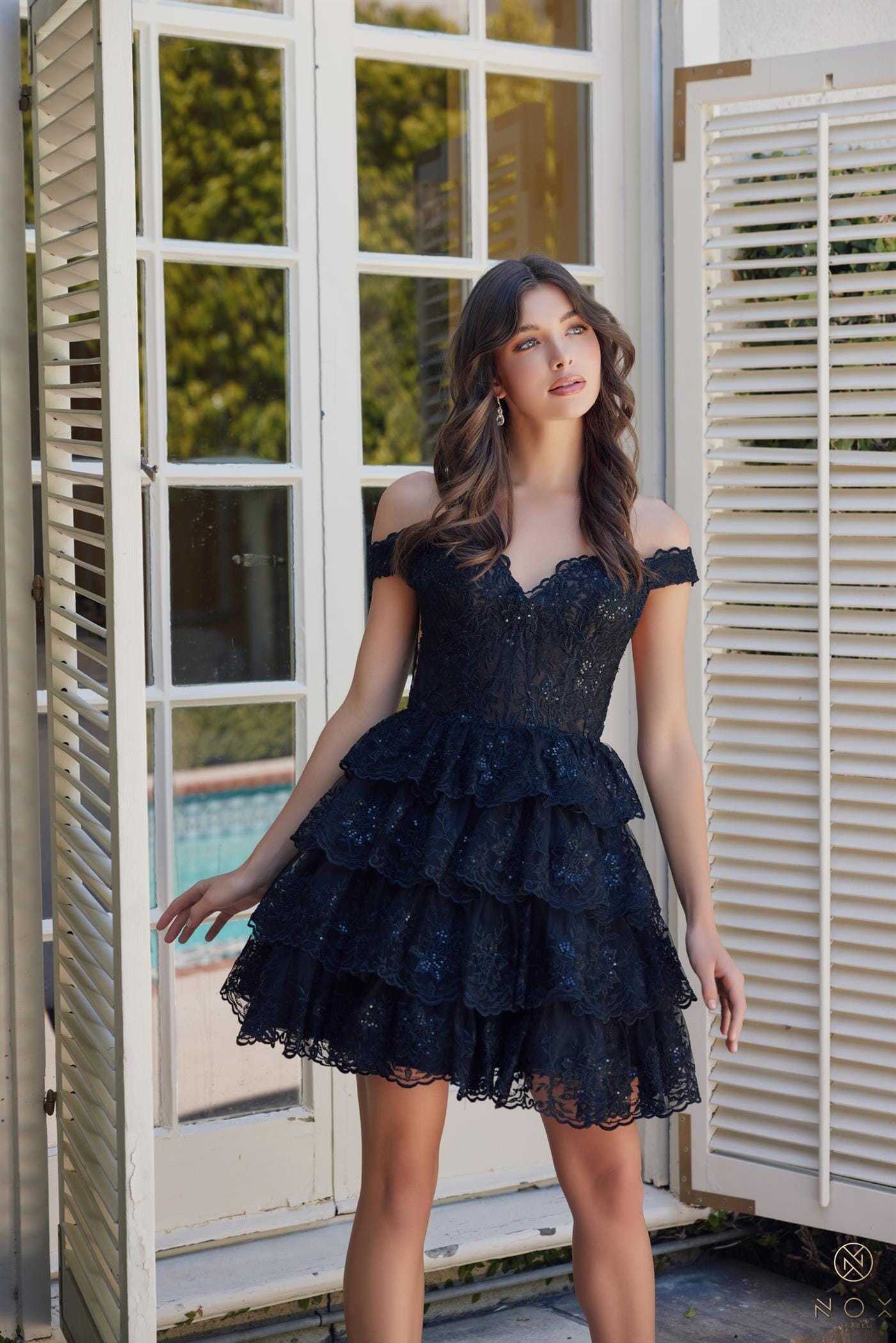 Short Off Shoulder Tiered Dress by Nox Anabel R877 - product image 3