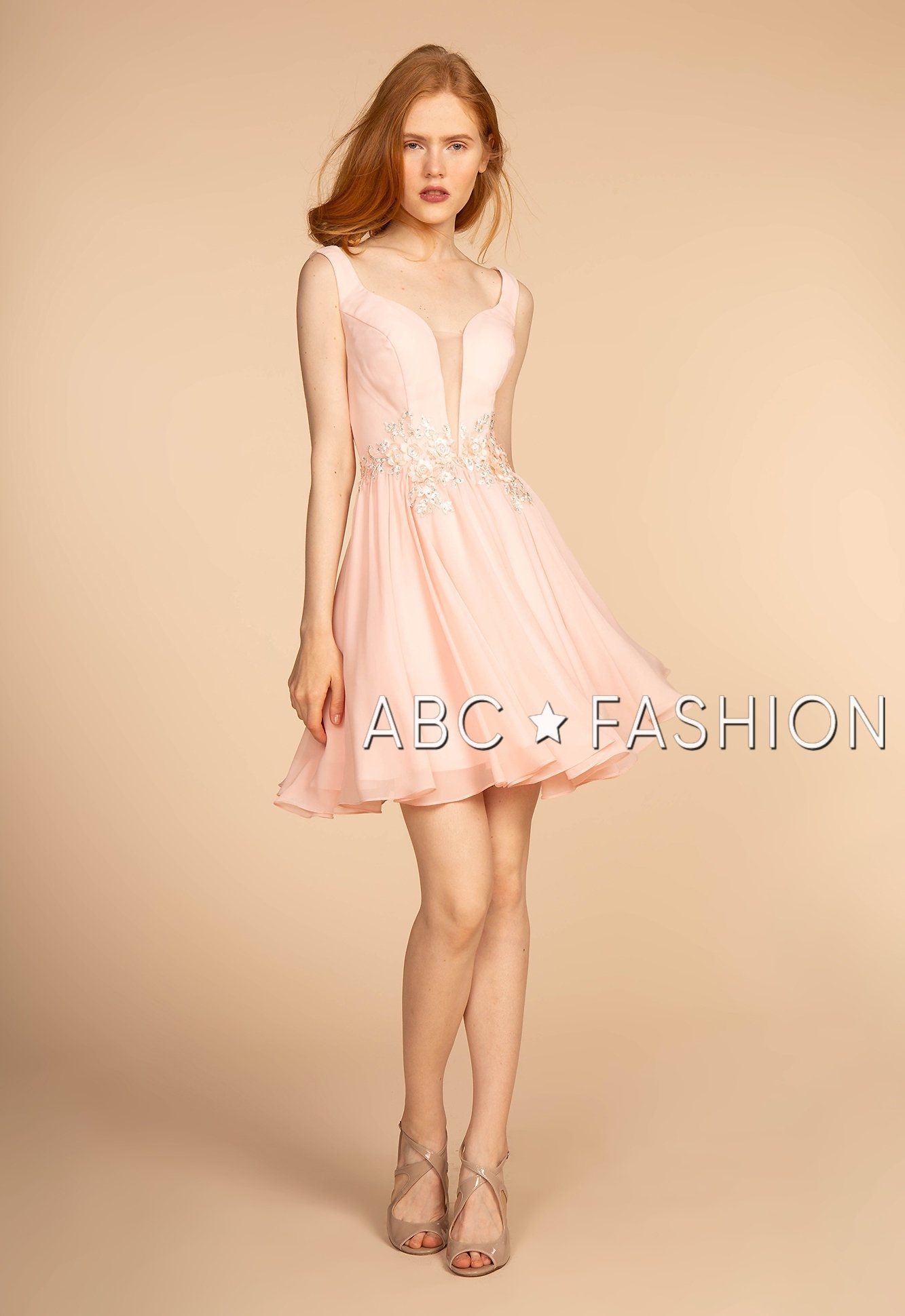 Short Pink V-Neck Dress with Embellished Waist by Elizabeth K GS1617 - product image 1