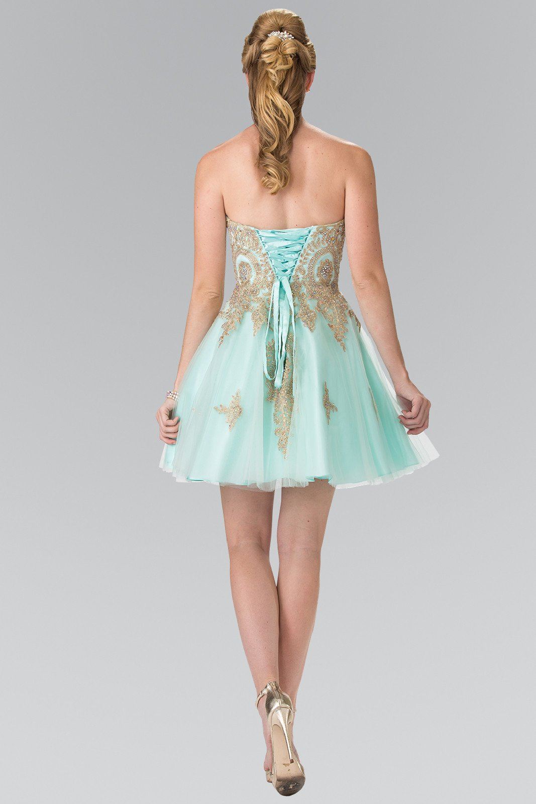 Short Strapless Dress with Gold Lace Applique by Elizabeth K GS2371 - product image 2