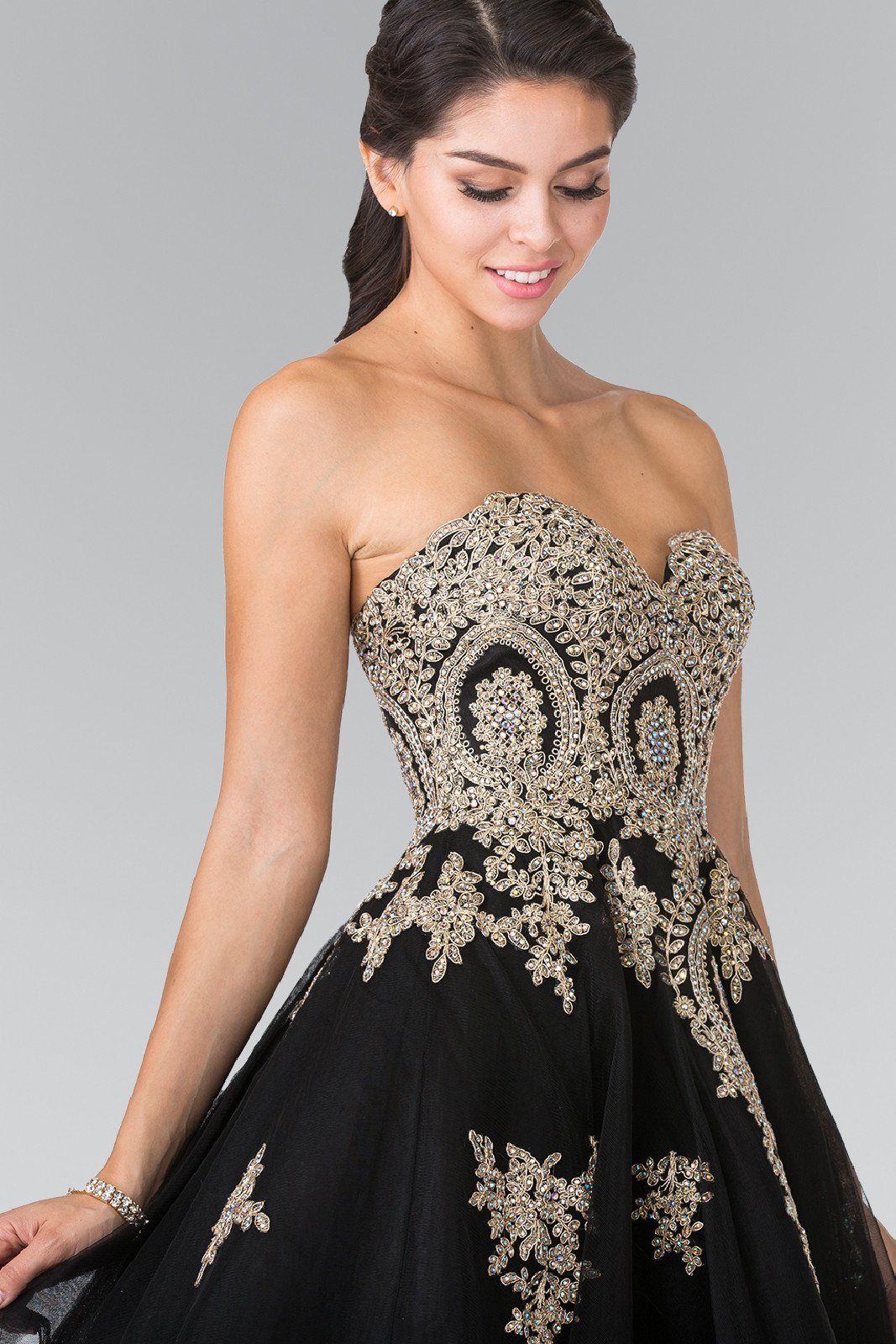 Short Strapless Dress with Gold Lace Applique by Elizabeth K GS2371 - product image 5