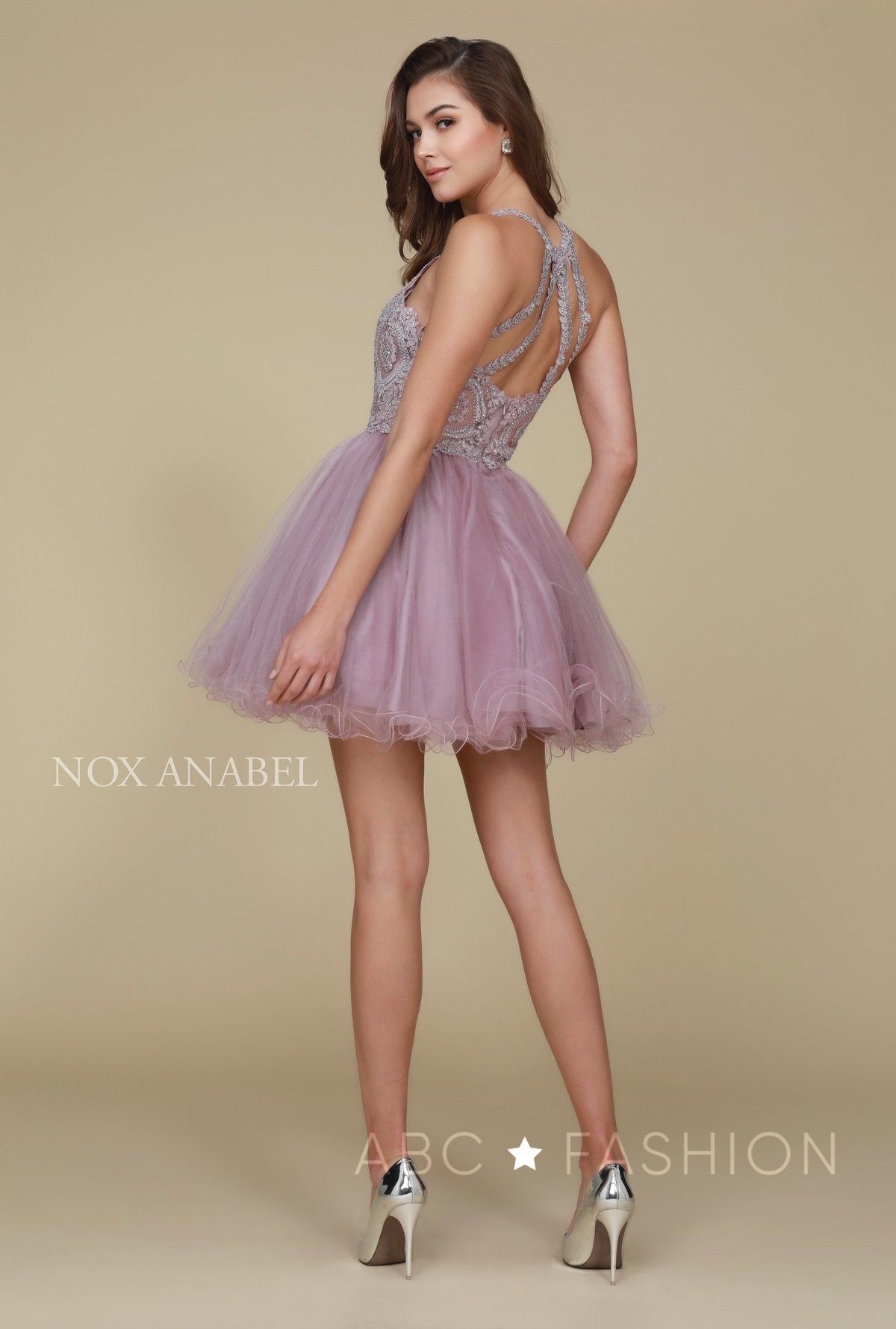 Short Tulle Dress with Embroidered Applique Bodice by Nox Anabel B652 - product image 31