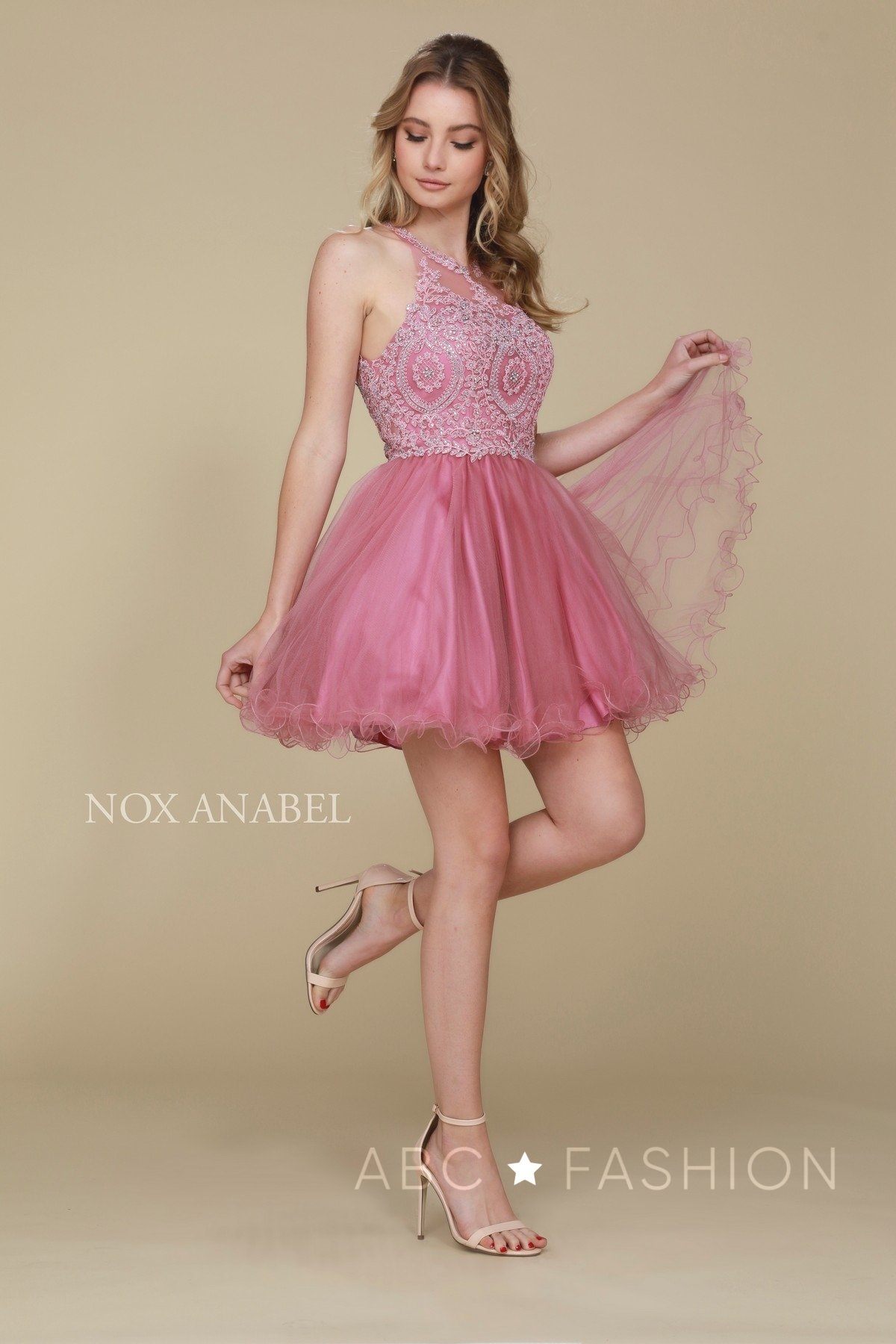 Short Tulle Dress with Embroidered Applique Bodice by Nox Anabel B652 - product image 27