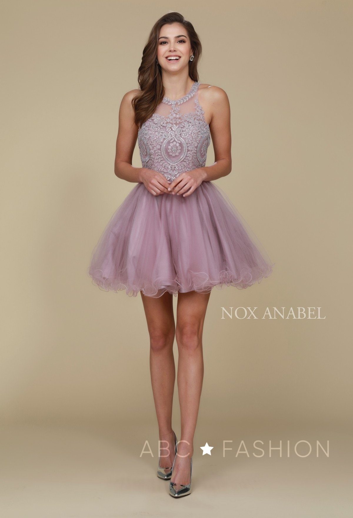 Short Tulle Dress with Embroidered Applique Bodice by Nox Anabel B652 - product image 32
