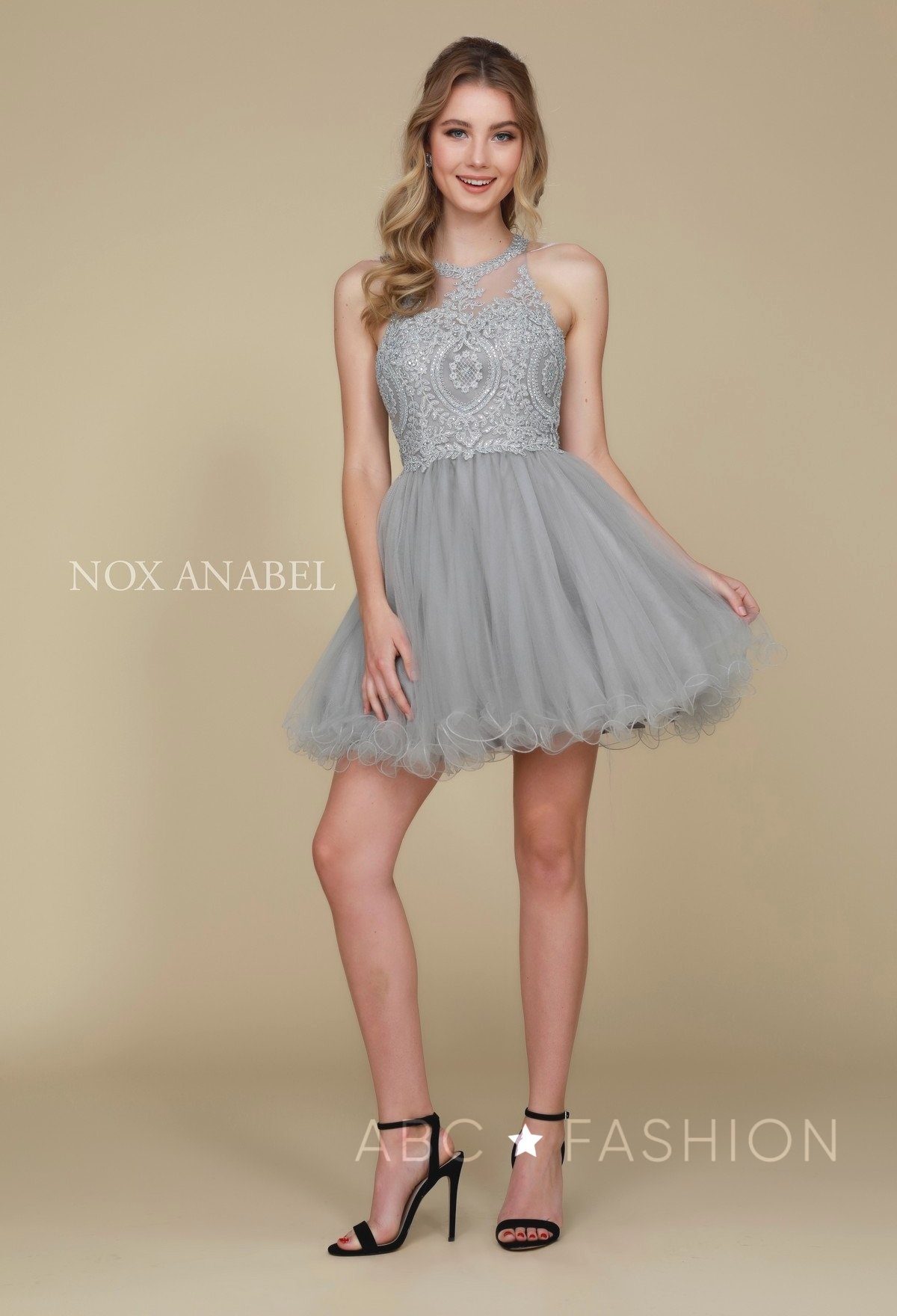 Short Tulle Dress with Embroidered Applique Bodice by Nox Anabel B652 - product image 26