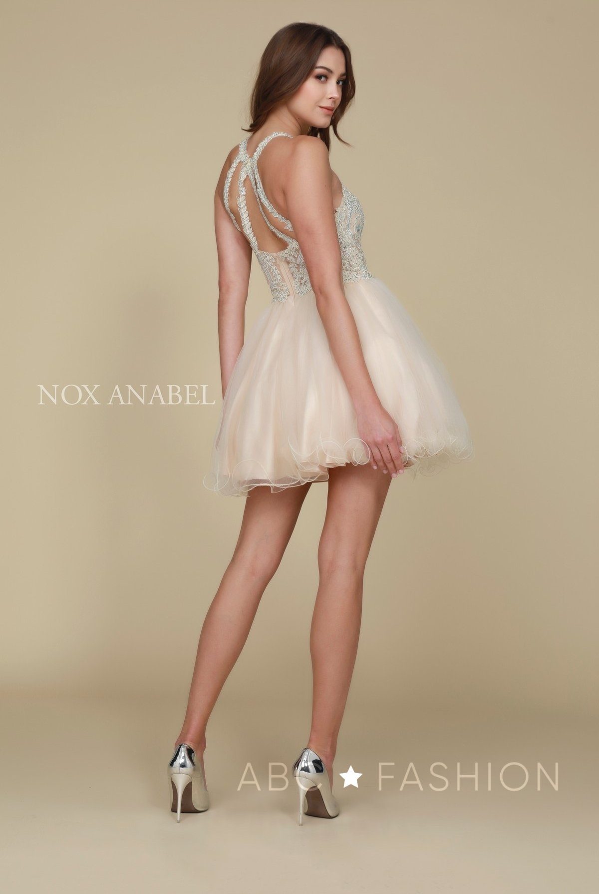 Short Tulle Dress with Embroidered Applique Bodice by Nox Anabel B652 - product image 22