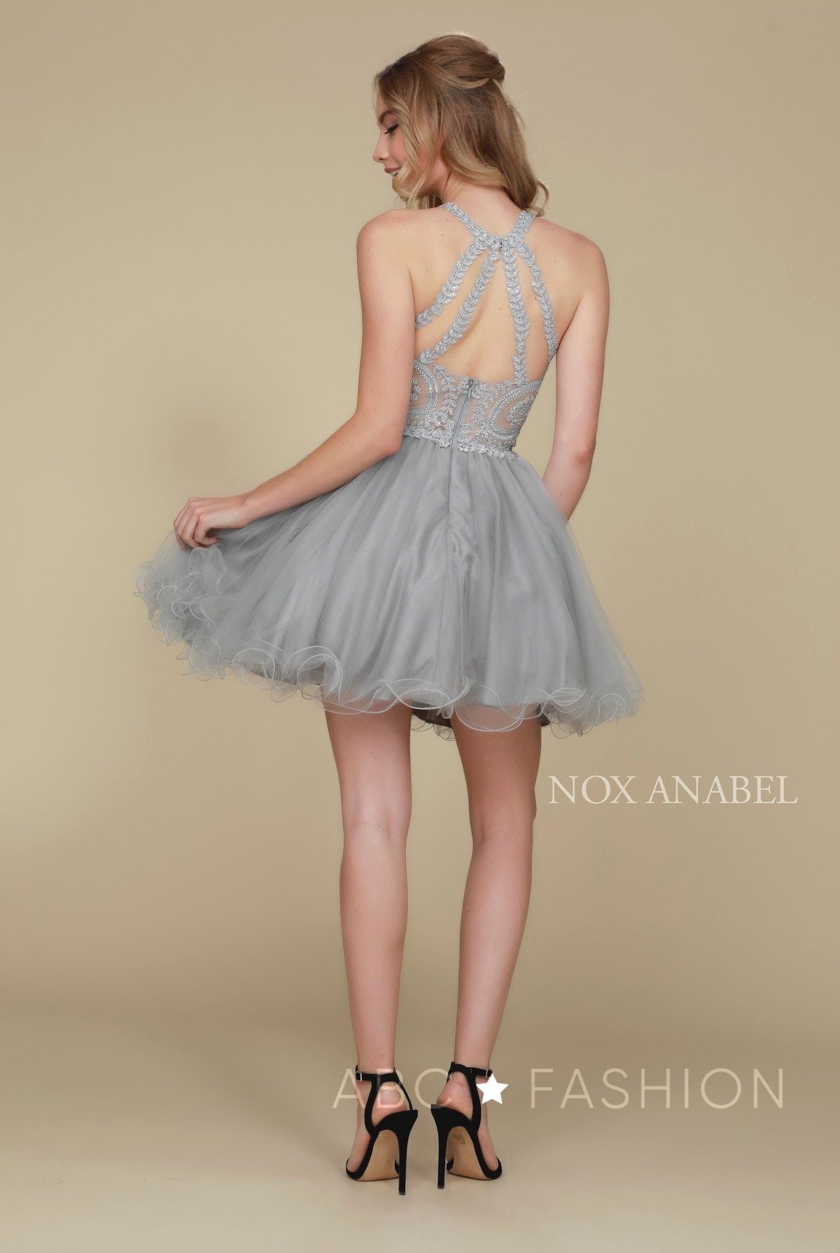 Short Tulle Dress with Embroidered Applique Bodice by Nox Anabel B652 - product image 25