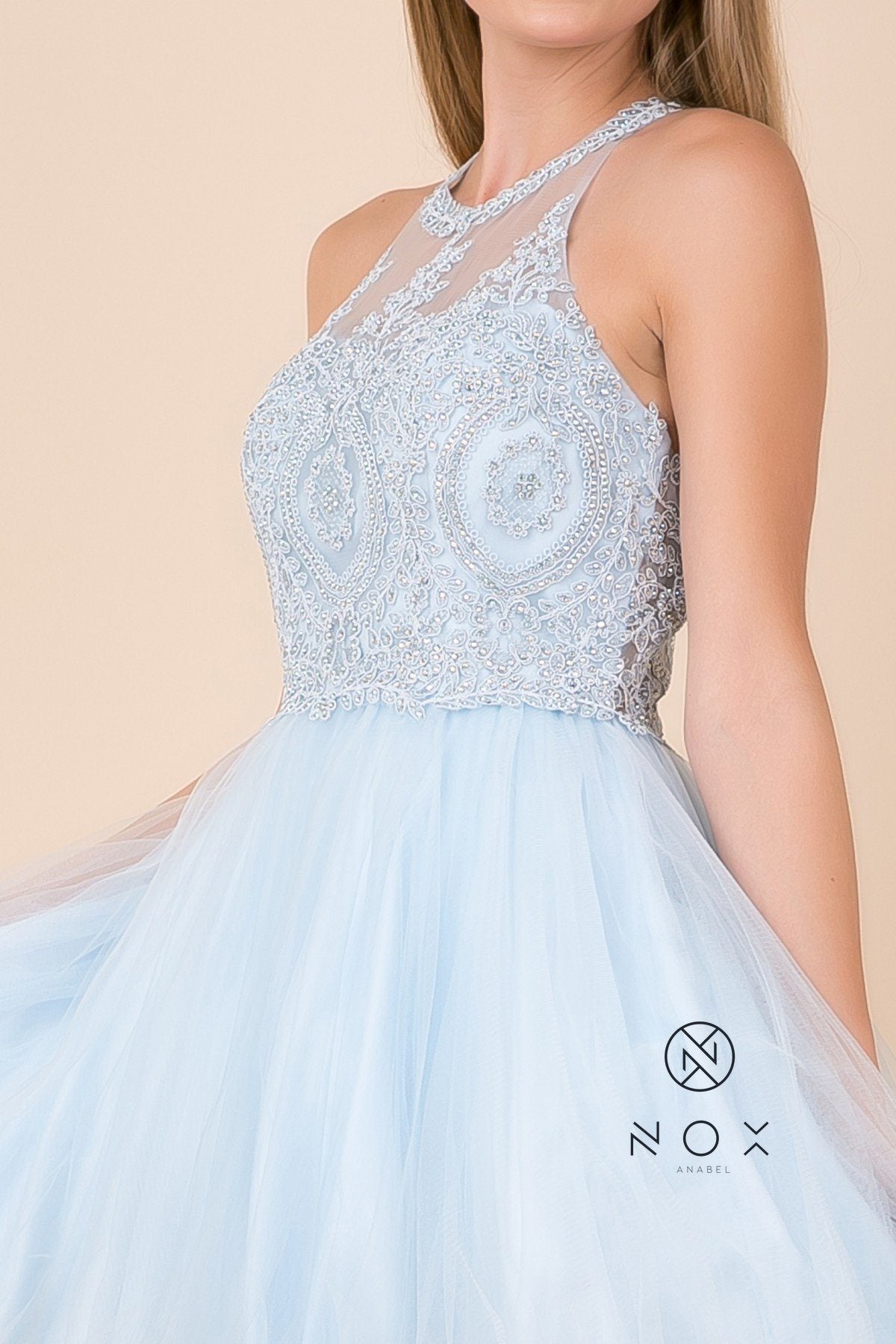 Short Tulle Dress with Embroidered Applique Bodice by Nox Anabel B652 - product image 3