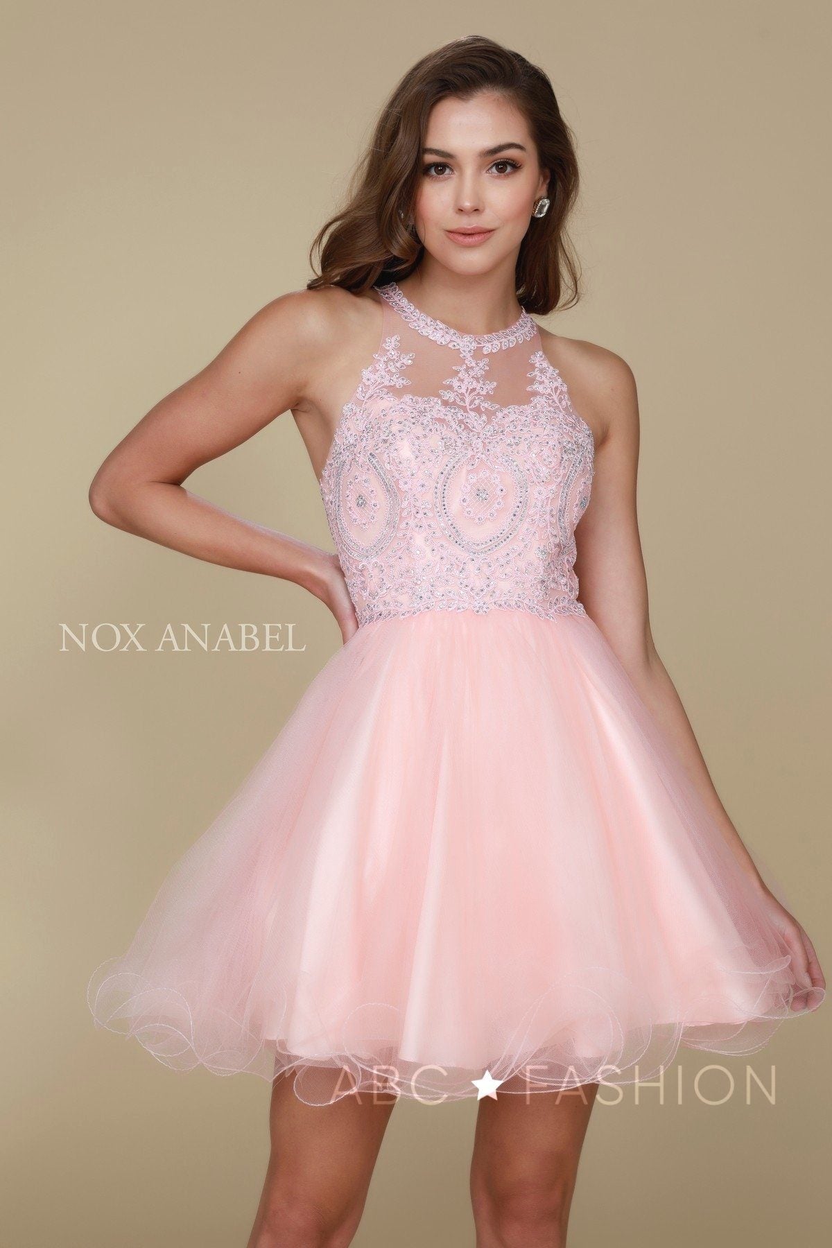 Short Tulle Dress with Embroidered Applique Bodice by Nox Anabel B652 - product image 18