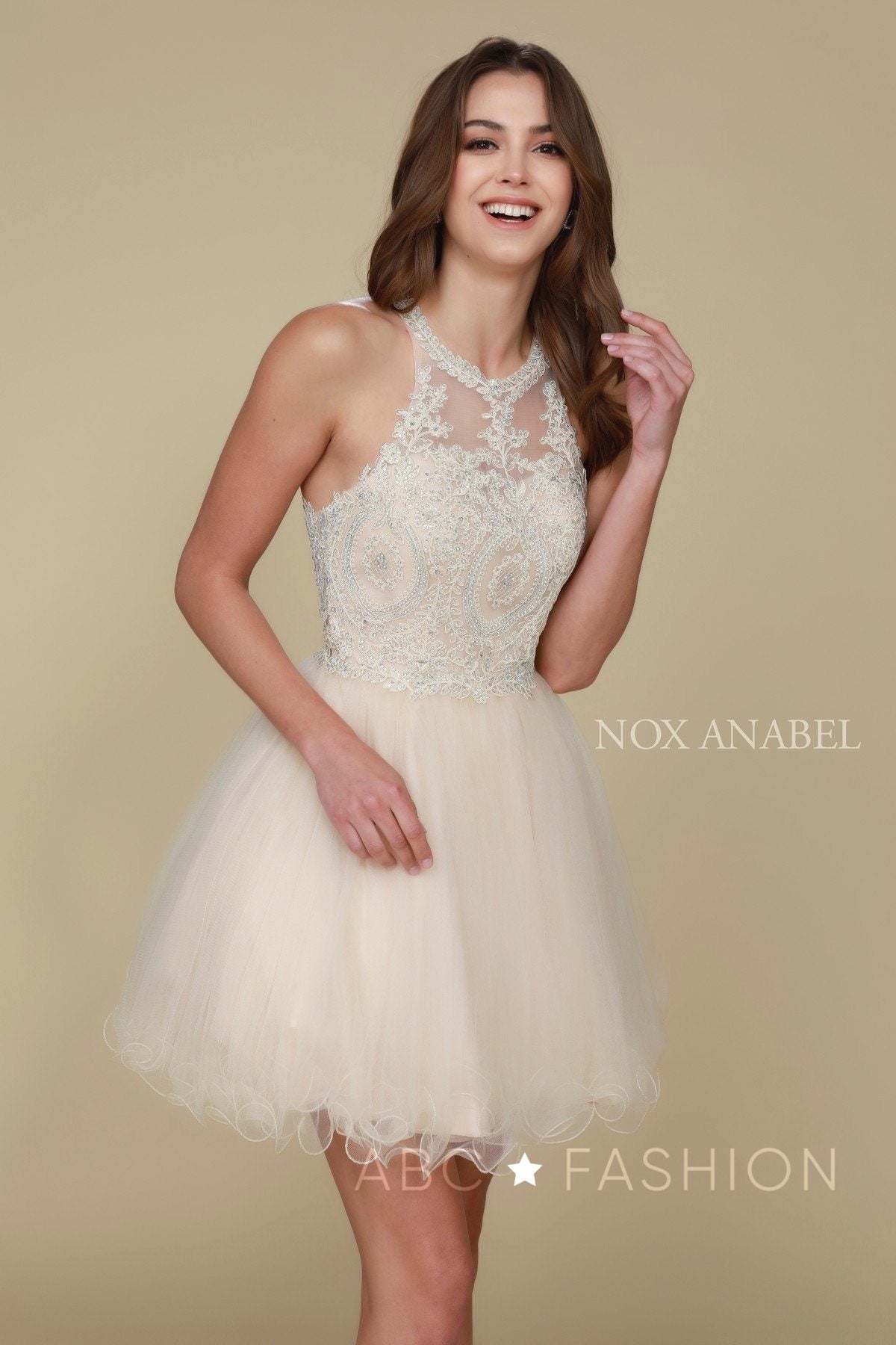 Short Tulle Dress with Embroidered Applique Bodice by Nox Anabel B652 - product image 23