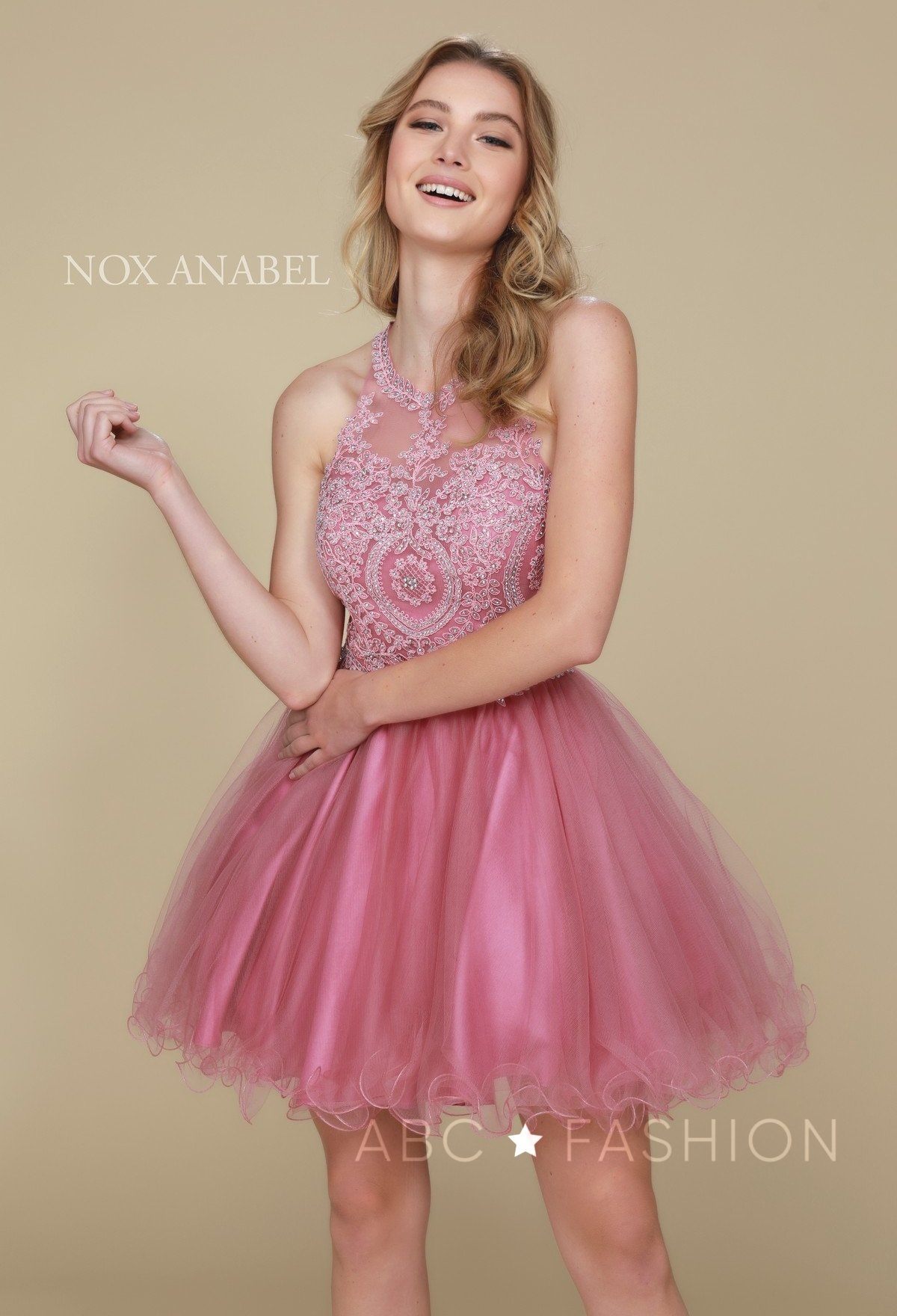Short Tulle Dress with Embroidered Applique Bodice by Nox Anabel B652 - product image 29