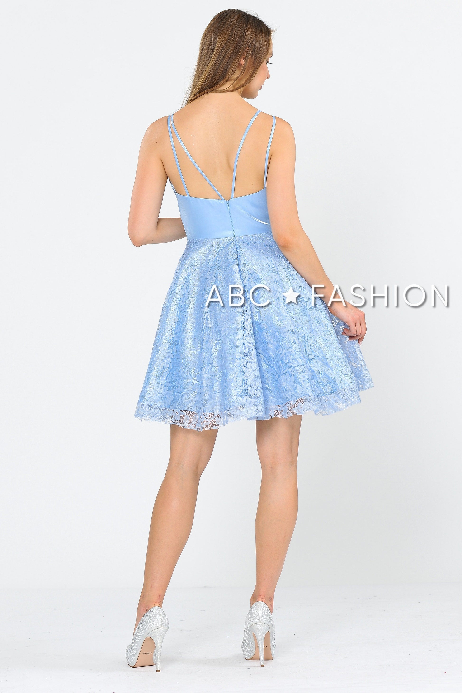 Short V-Neck Dress with A-line Lace Skirt by Poly USA 8418 - product image 2