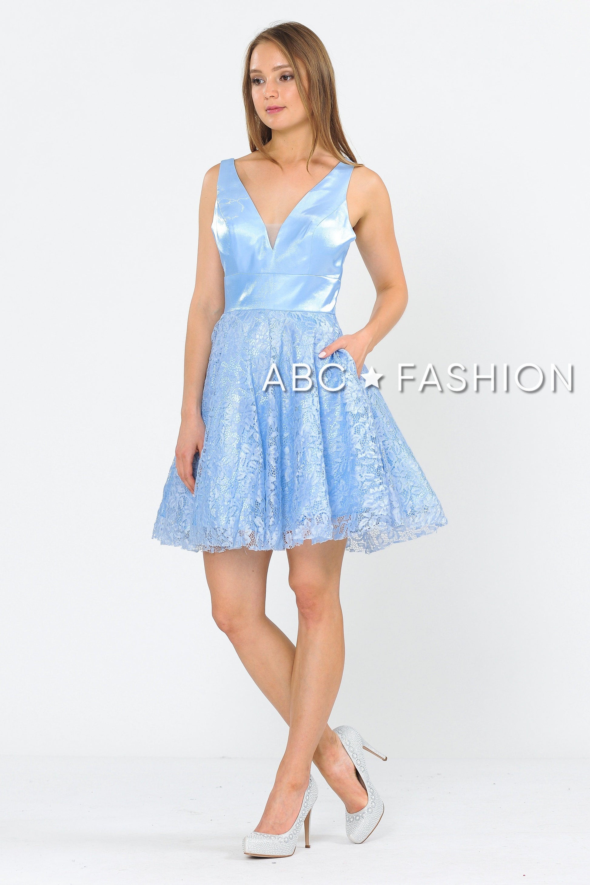 Short V-Neck Dress with A-line Lace Skirt by Poly USA 8418 - product image 3