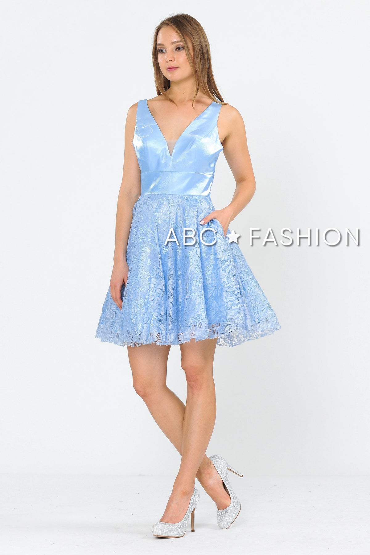 Short V-Neck Dress with A-line Lace Skirt by Poly USA 8418 - product image 3