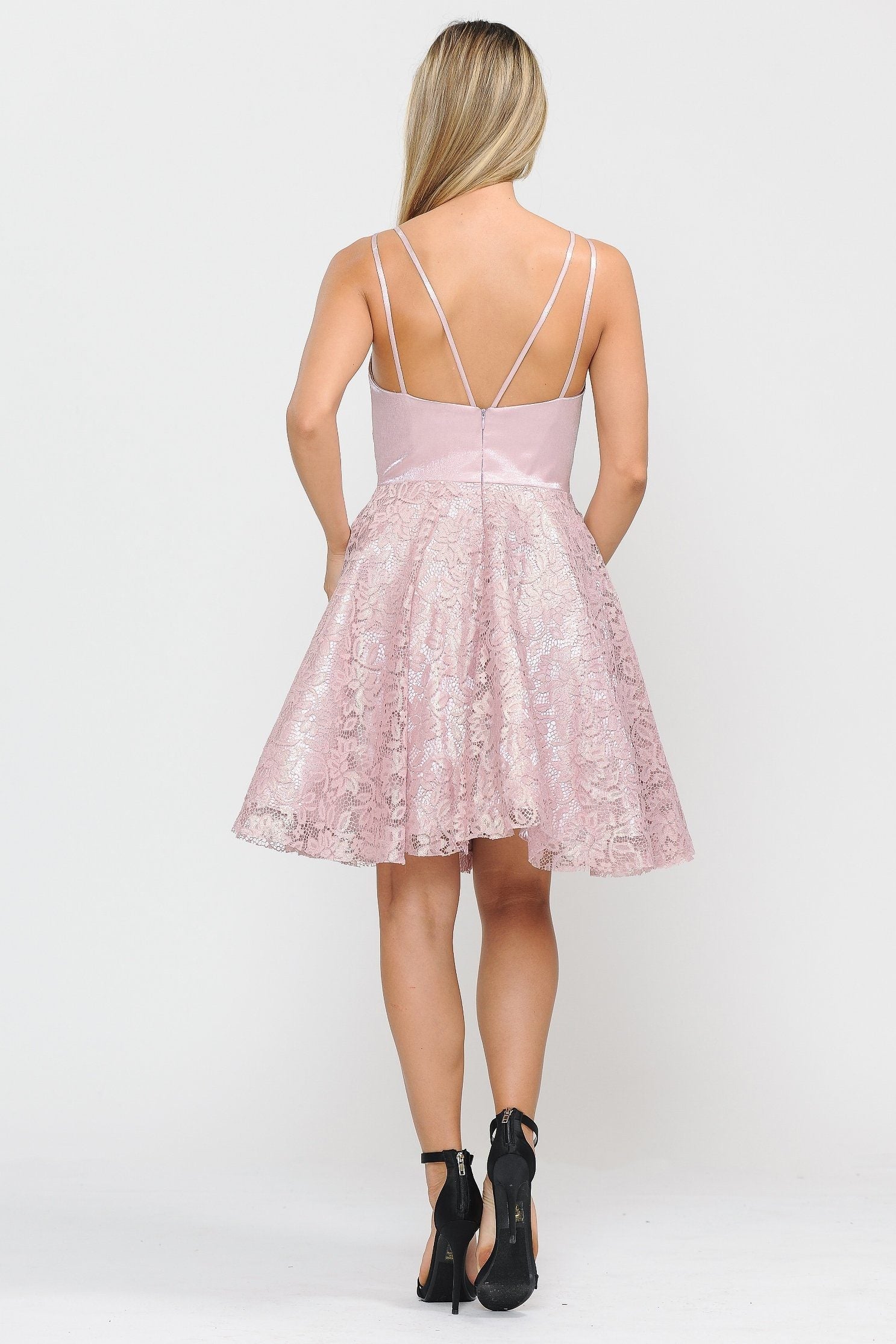 Short V-Neck Dress with A-line Lace Skirt by Poly USA 8418 - product image 6