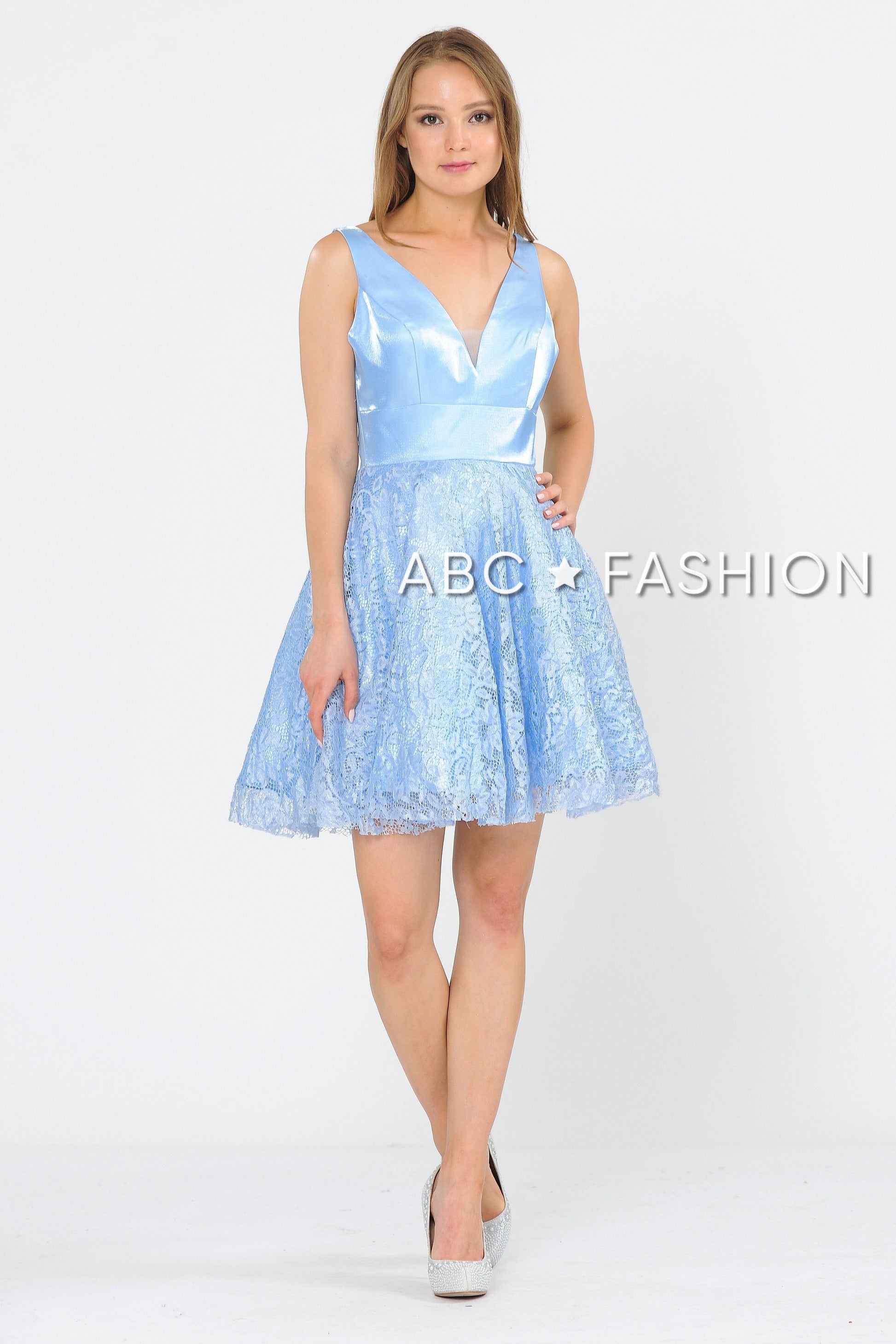 Short V-Neck Dress with A-line Lace Skirt by Poly USA 8418 - product image 1
