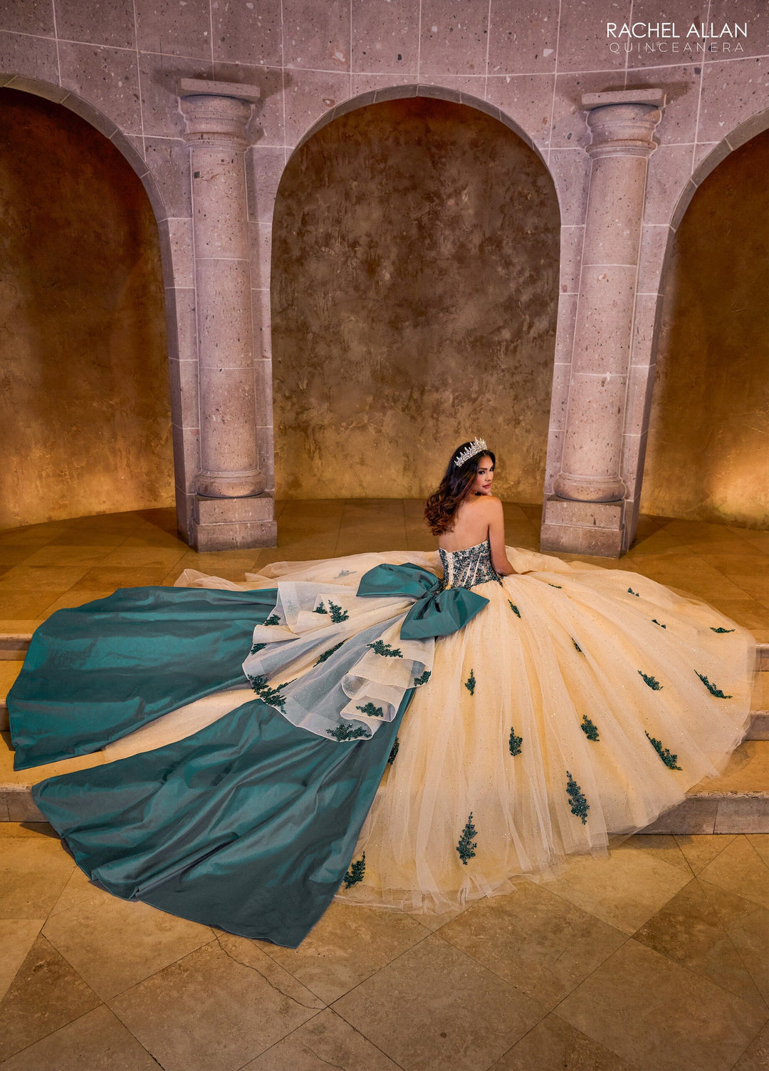 Strapless Bow Quinceanera Dress by Rachel Allan RQ1152 - Champagne Peacock