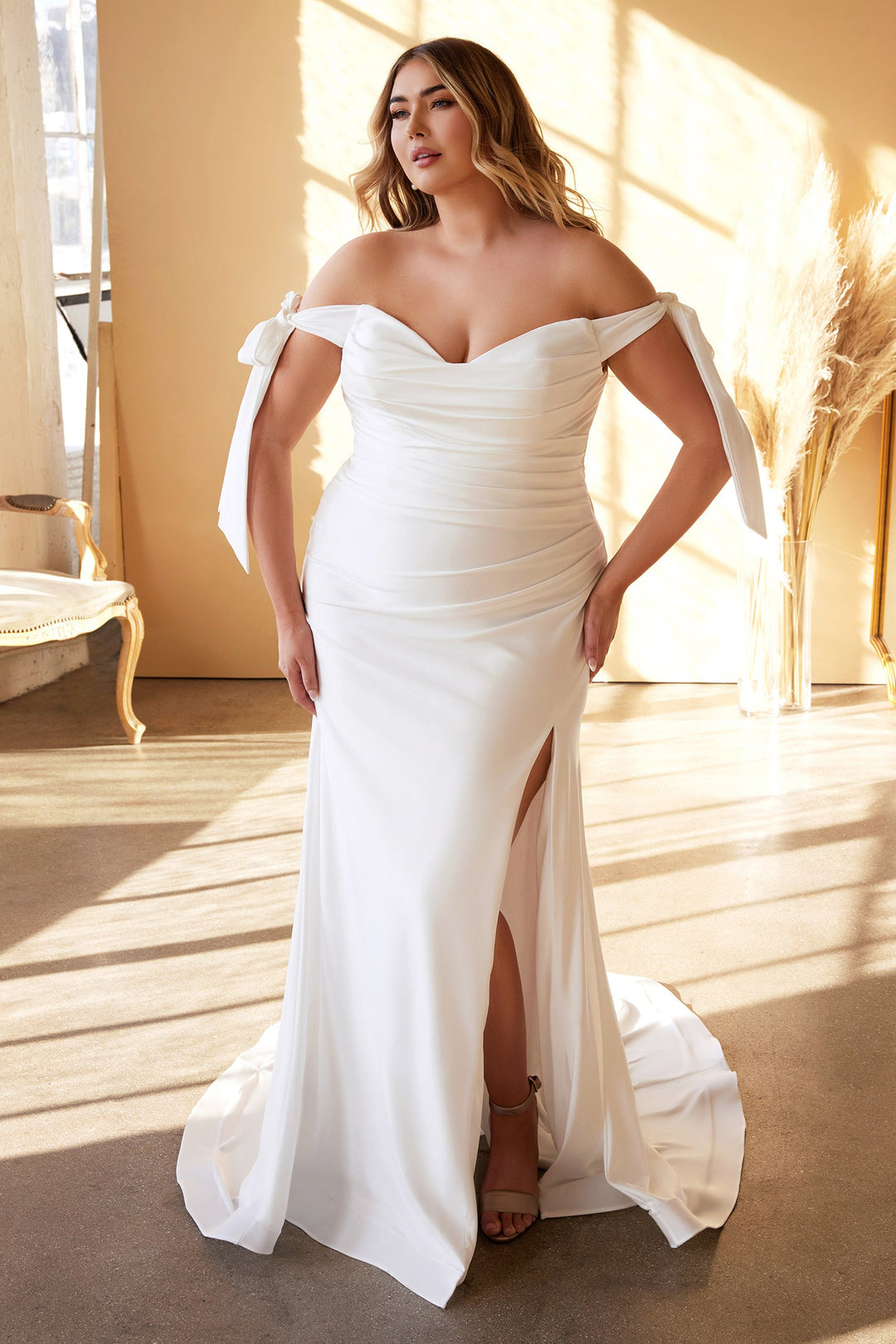 White Off Shoulder Gown by Cinderella Divine CD944W