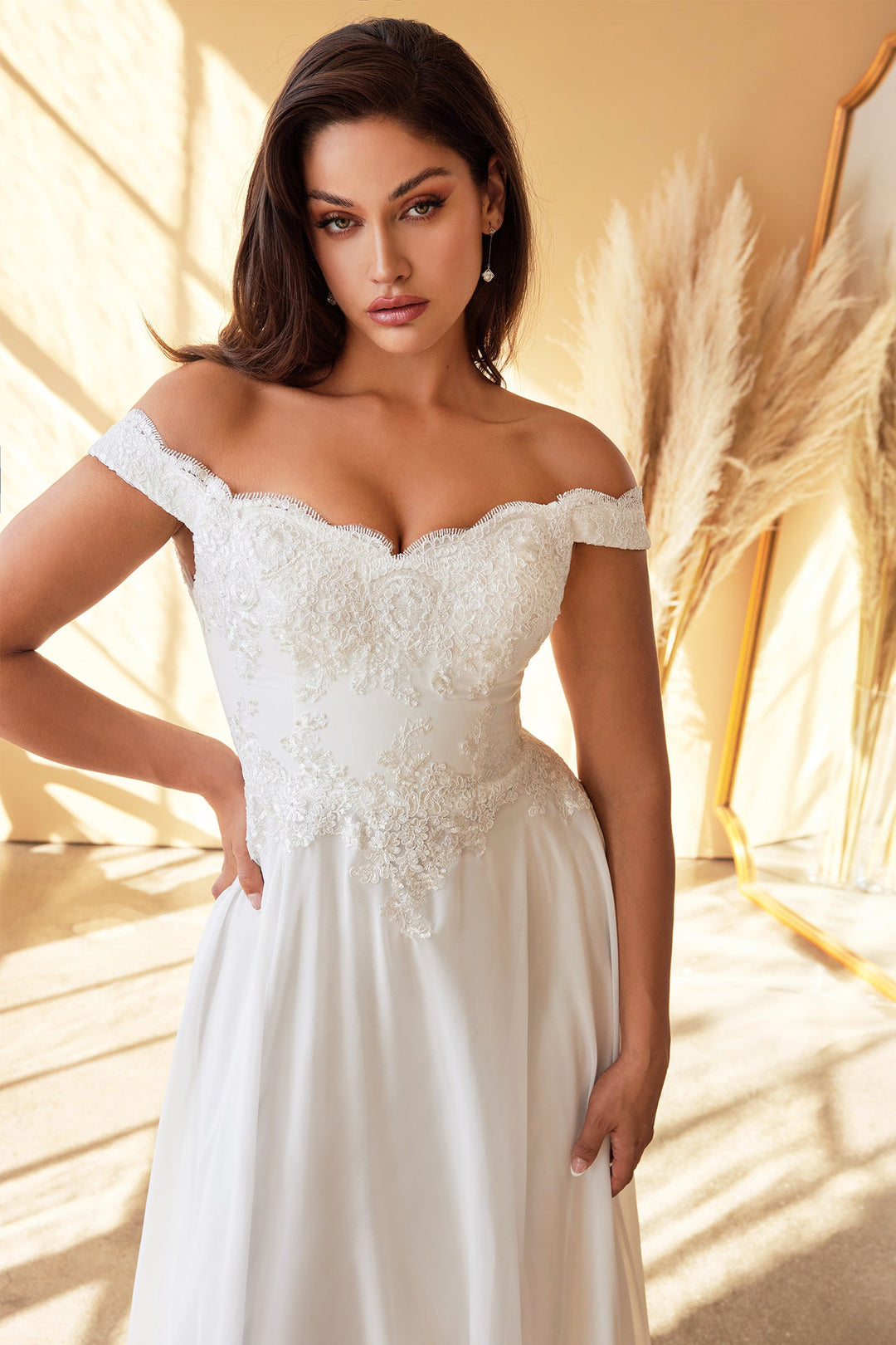 White Off Shoulder Lace Bodice Gown by Cinderella Divine 7258W - Outlet