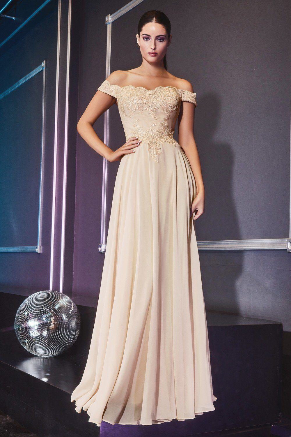 White Off Shoulder Lace Bodice Gown by Cinderella Divine 7258W - Outlet