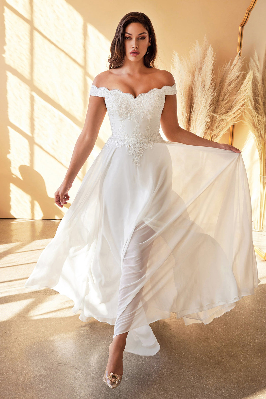 White Off Shoulder Lace Bodice Gown by Cinderella Divine 7258W - Outlet