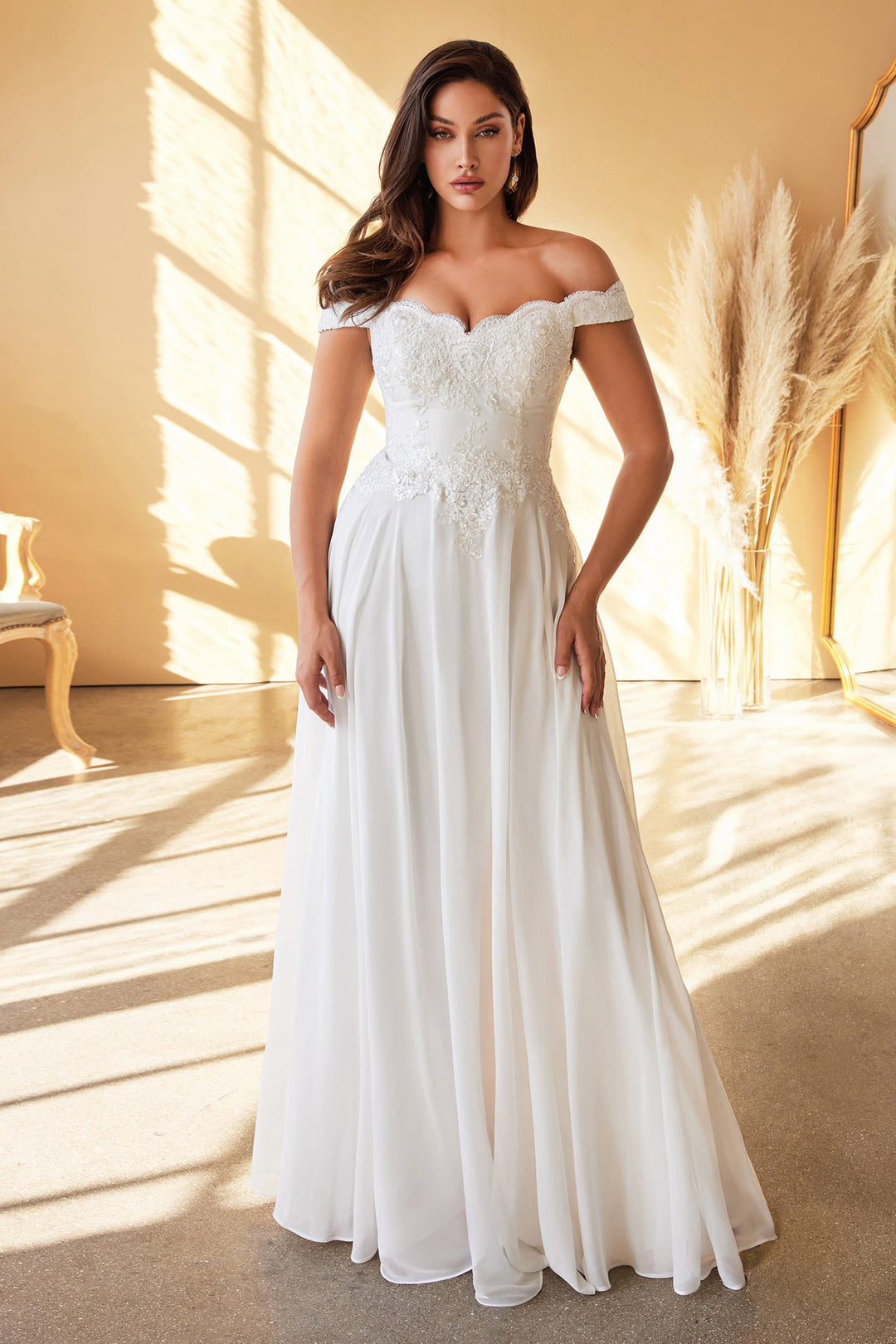 White Off Shoulder Lace Bodice Gown by Cinderella Divine 7258W - image 1