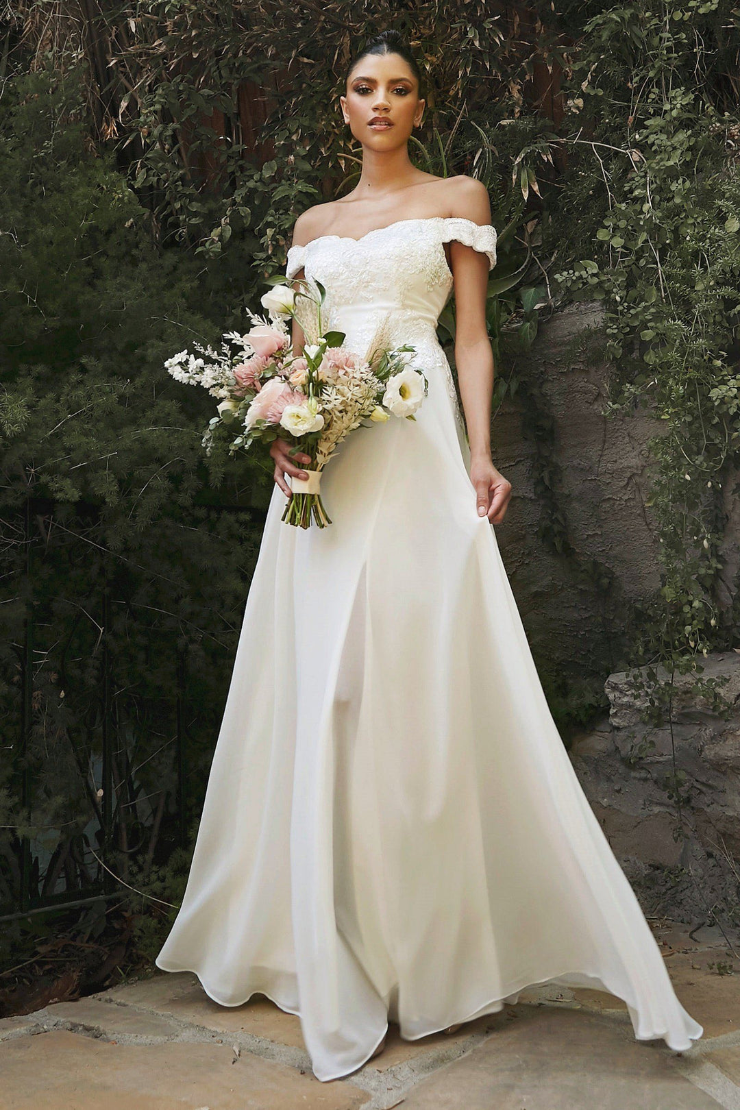 White Off Shoulder Lace Bodice Gown by Cinderella Divine 7258W - Outlet