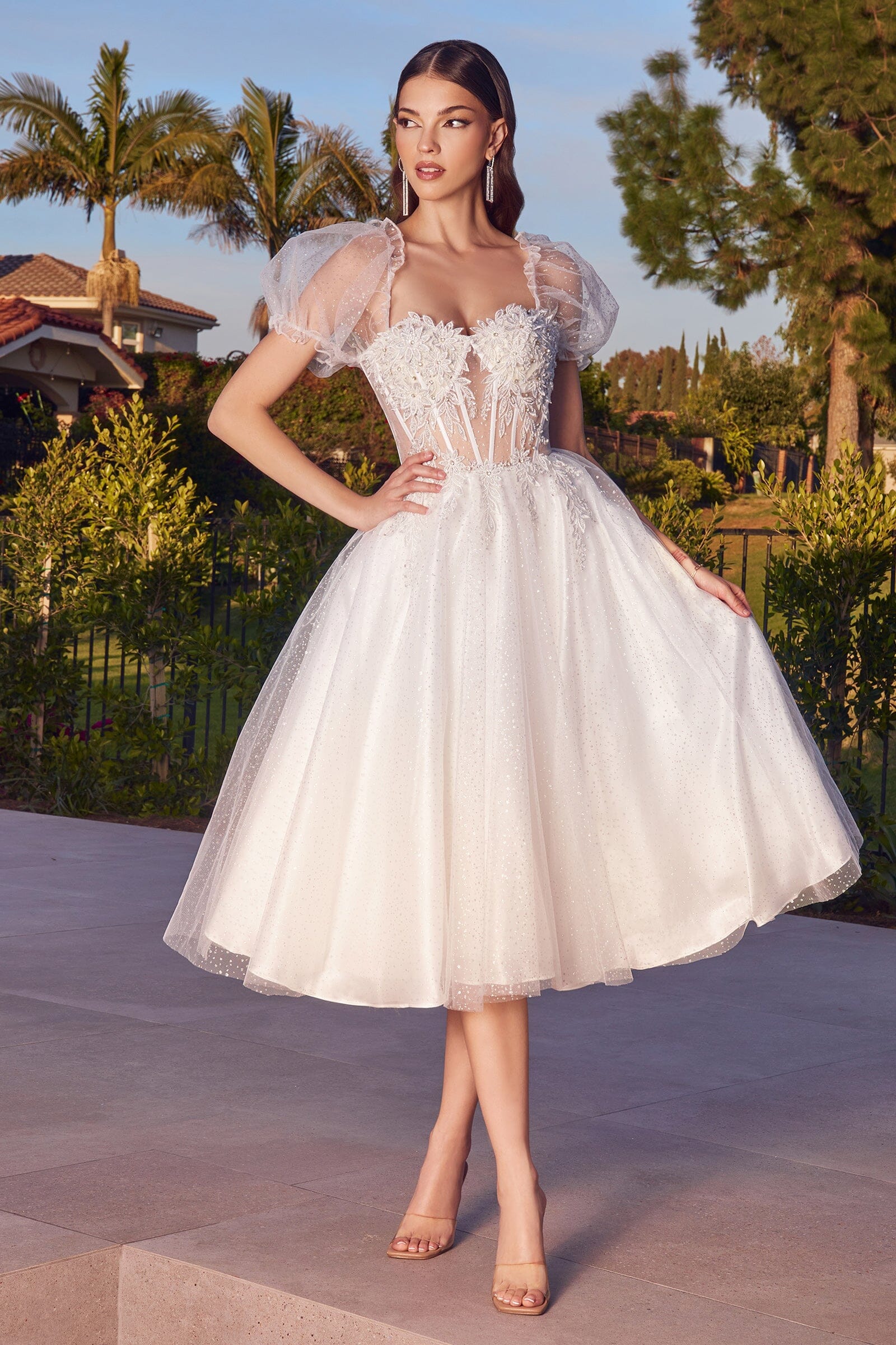 White Short Sleeve Tea Length Dress by Ladivine CD0187W - product image 3
