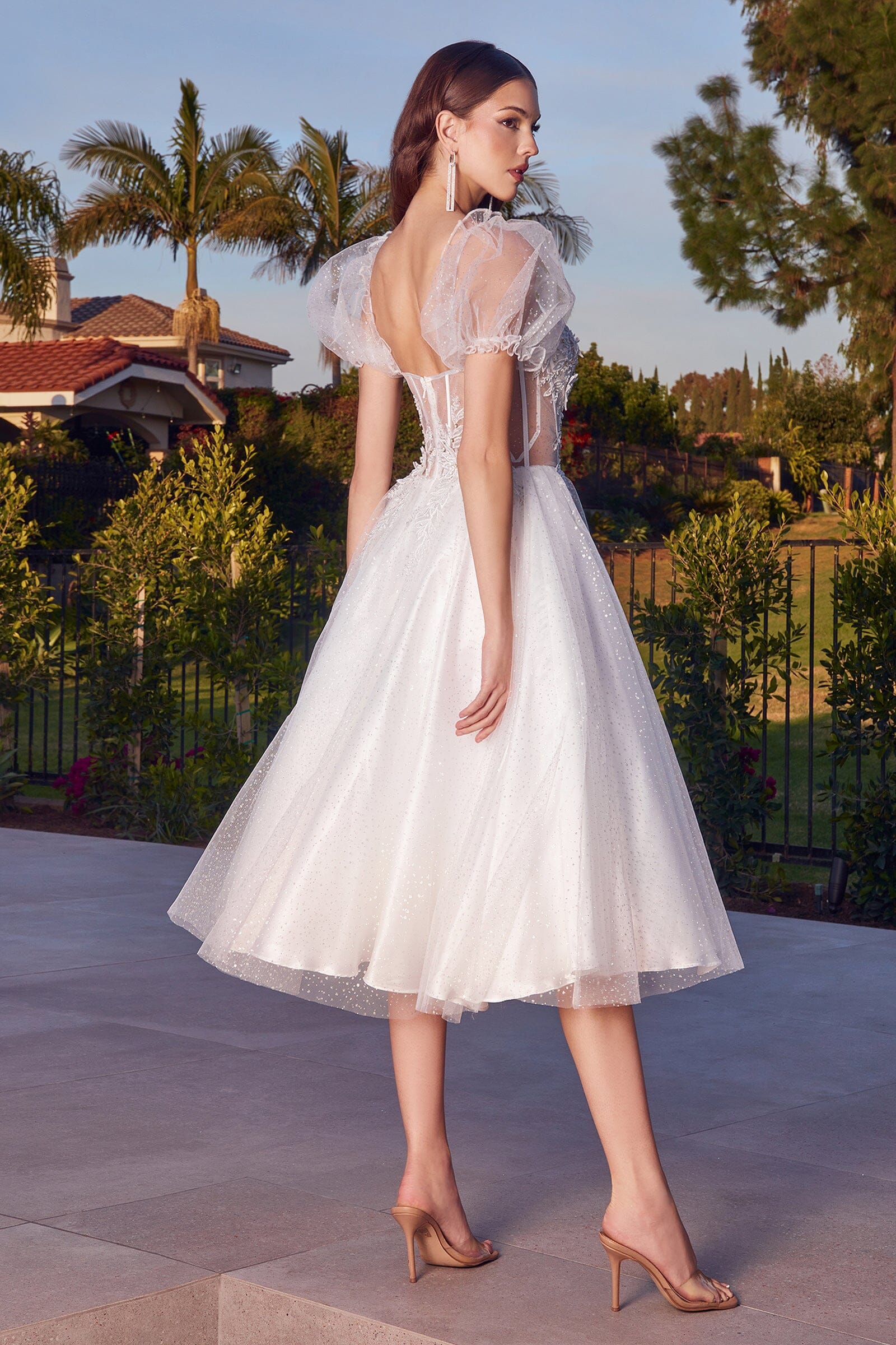 White Short Sleeve Tea Length Dress by Ladivine CD0187W - product image 2